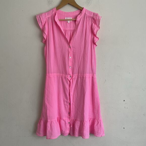 Honorine Tabitha Hot Pink Cotton Gauze Mini Dress Ruffle Sleeve Size M Button Up - Picture 2 of 8